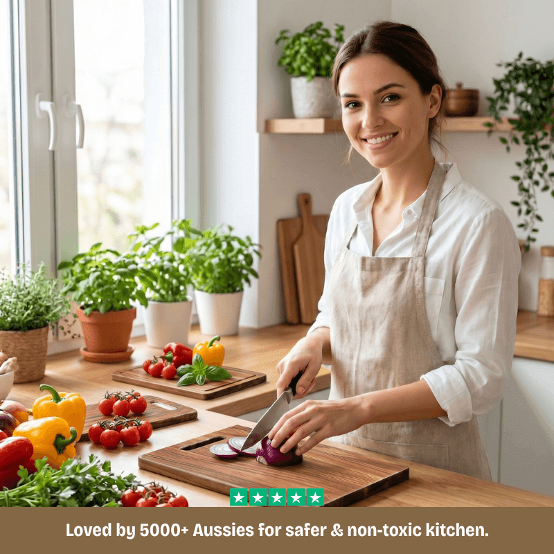 Woman in a kitchen preparing food with a focus on safety and non-toxicity.