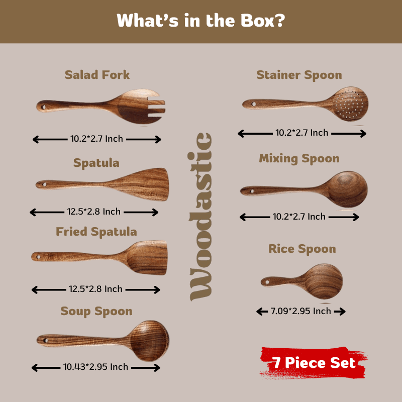 Woodastic 7-piece wooden spoon set with measurements on a beige background