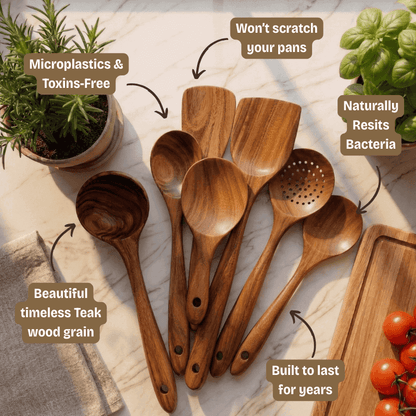 Set of wooden spoons on a marble surface with text highlighting benefits