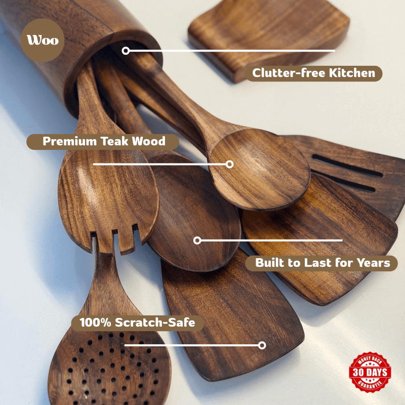Set of wooden kitchen utensils with text highlighting features on a light background