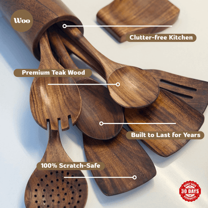 Set of wooden kitchen utensils with text highlighting features on a light background