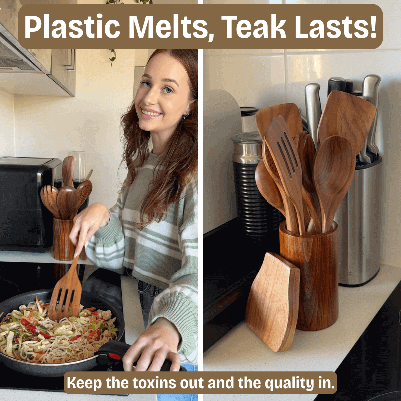 Woman cooking with wooden utensils in a kitchen, emphasizing the durability of teak over plastic.