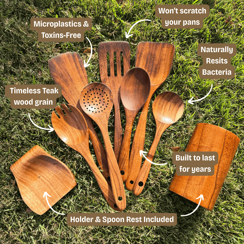 Set of wooden cooking utensils with text highlighting benefits on a grass background