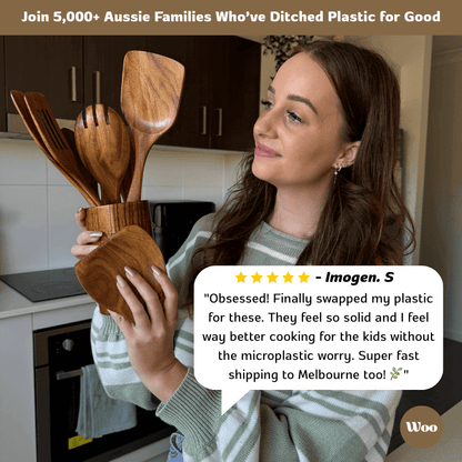 Woman holding wooden cooking utensils with a product review in a kitchen setting