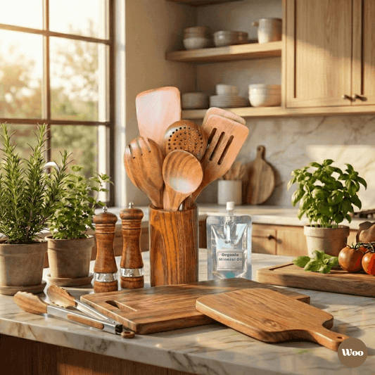Wooden kitchen utensils and cutting boards on a marble countertop with a cozy kitchen background.