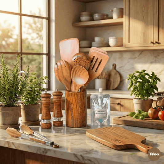 Wooden kitchen utensils set on a marble countertop with plants and cabinets in the background.