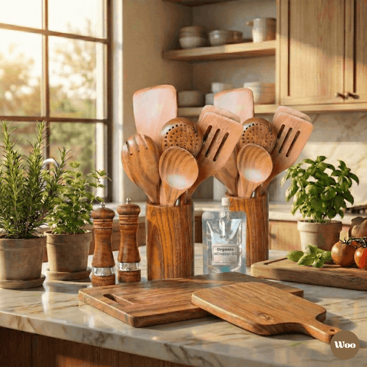 Wooden kitchen utensils and cutting boards on a marble countertop with plants and a window in the background.