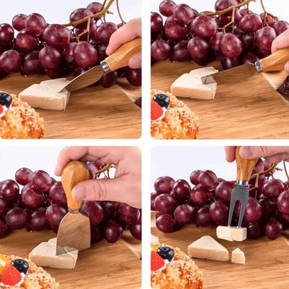 Woodastic Cheese Platter Set, 4 different cheese knives in use