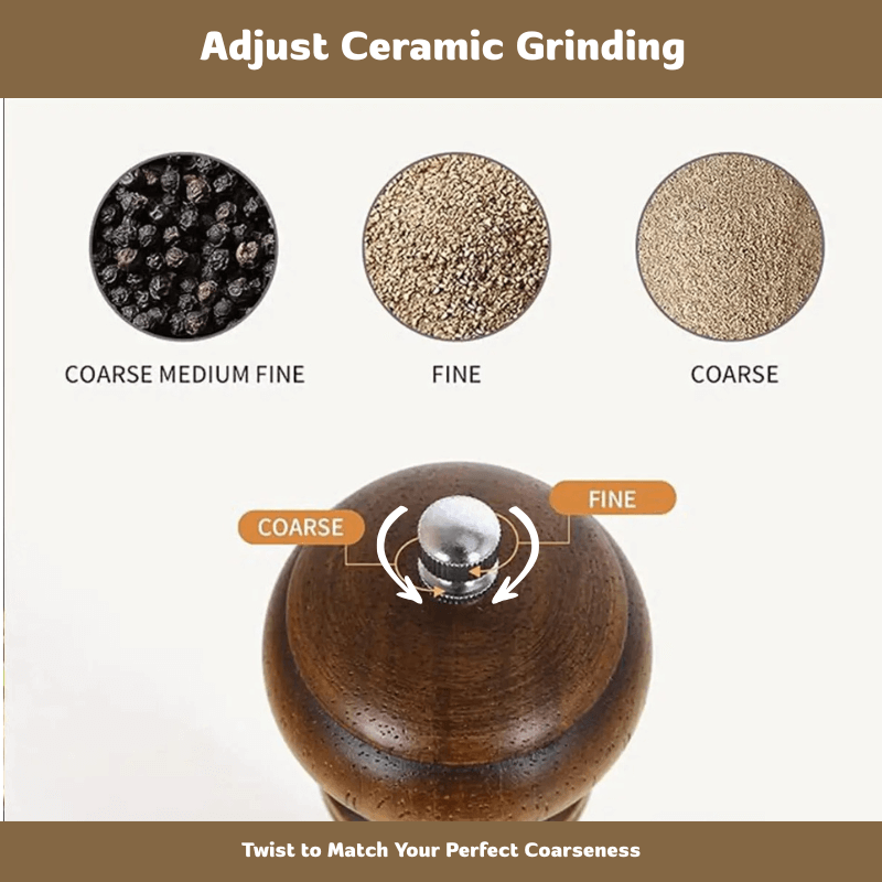 Ceramic grinder with adjustable settings for different coarseness levels on a white background.