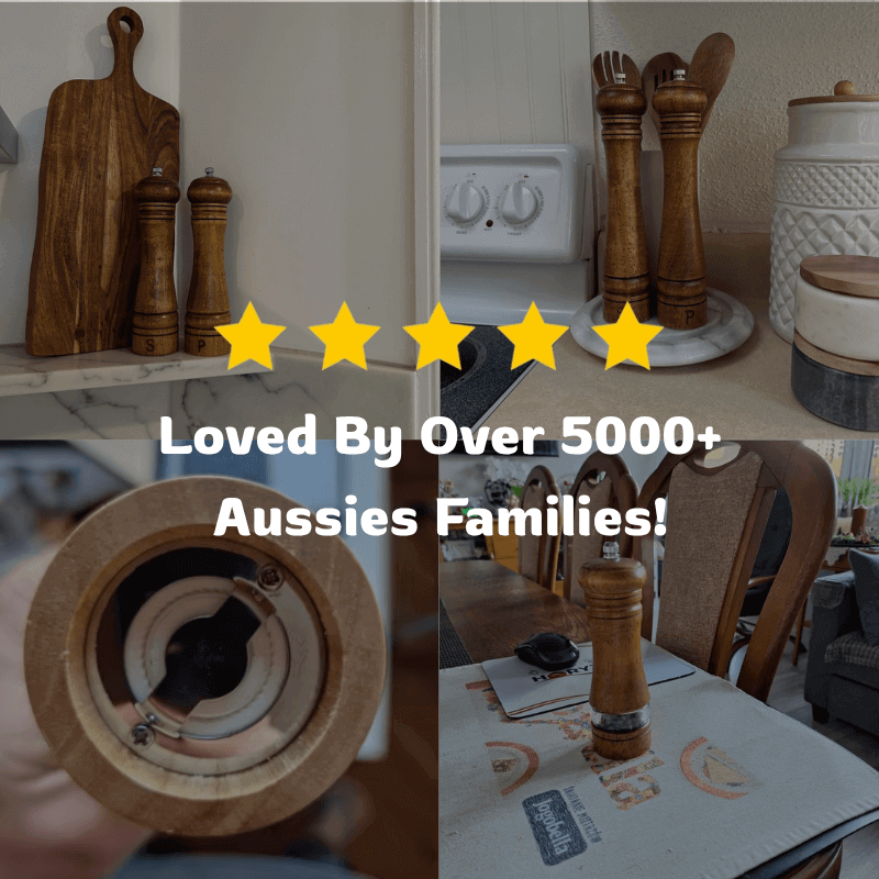 Wooden Woodastic pepper grinder on a kitchen counter with text indicating popularity.