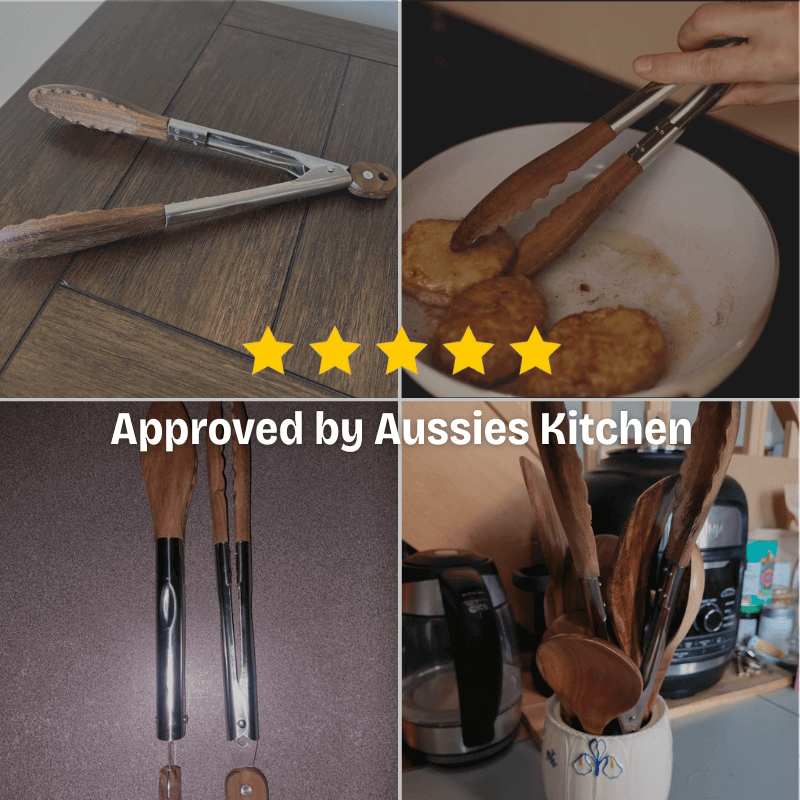 Collage of kitchen tongs and utensils with text 'Approved by Aussies Kitchen'.