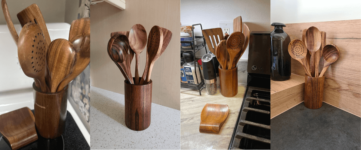 Collage photo reviews Our mission page, showing the 9 and 7 pieces teak wood utensil set inside clients kitchen.