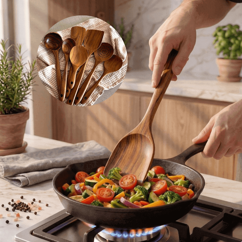 Person using a wooden spoon to stir vegetables in a frying pan with a inset of wooden spoons on a towel.