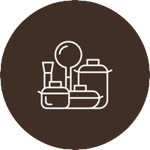 Outline of a camera and lens on a brown circular background