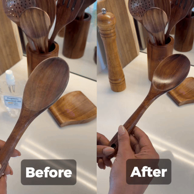 Gif before/after applying oil on wooden spoon