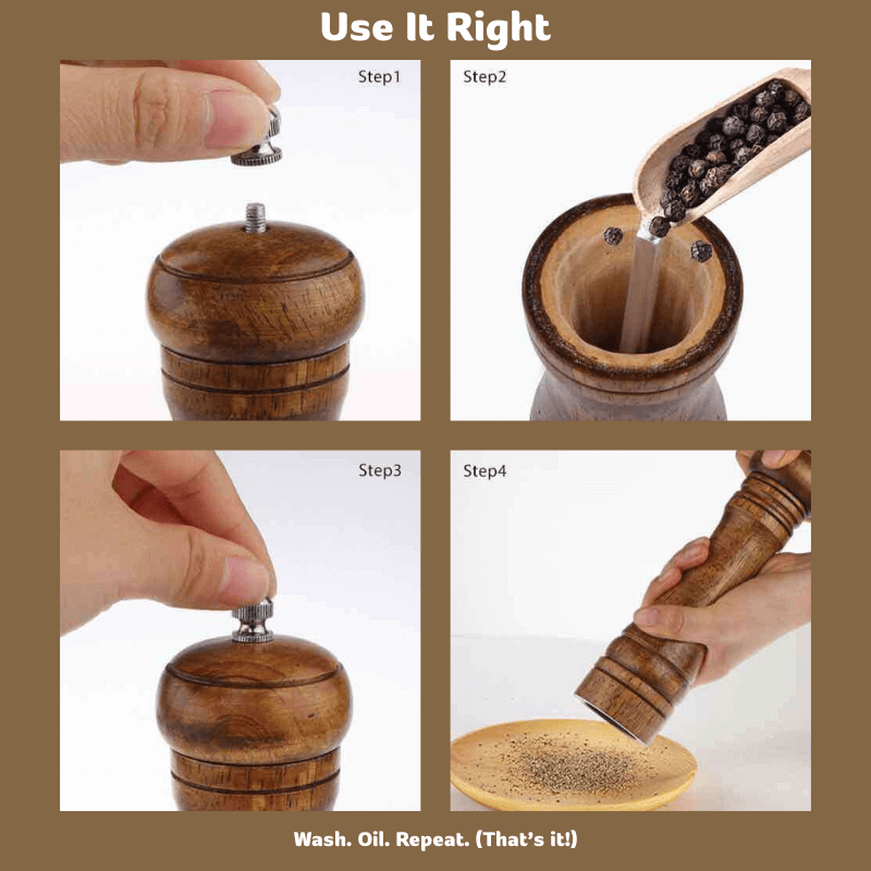 Step-by-step guide on using the Woodastic wooden spice grinder with text instructions.