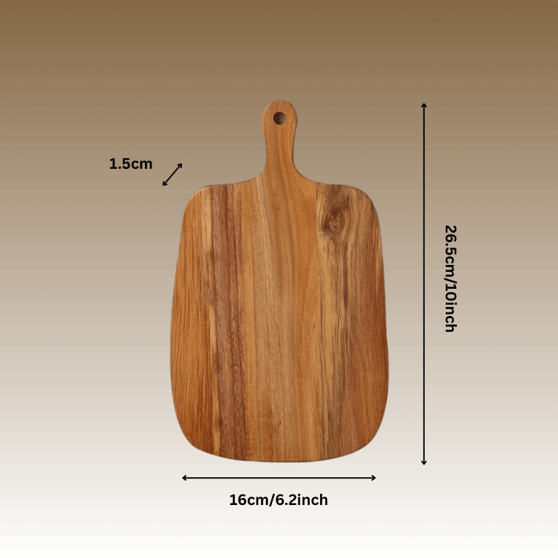 Wooden cutting board with dimensions indicated on a beige background