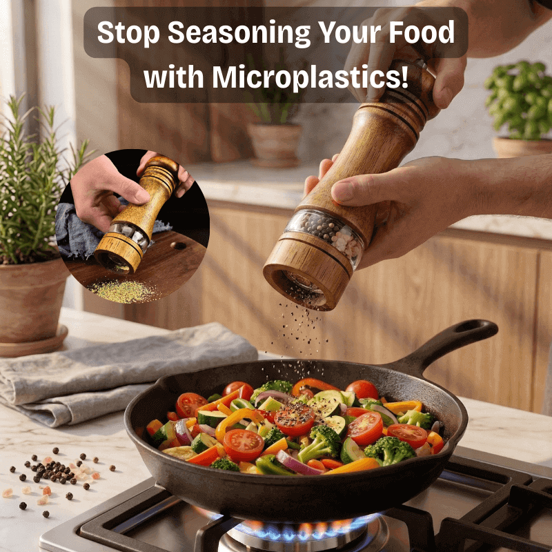 Person seasoning vegetables in a pan with a wooden pepper grinder, emphasizing the use of natural seasonings.
