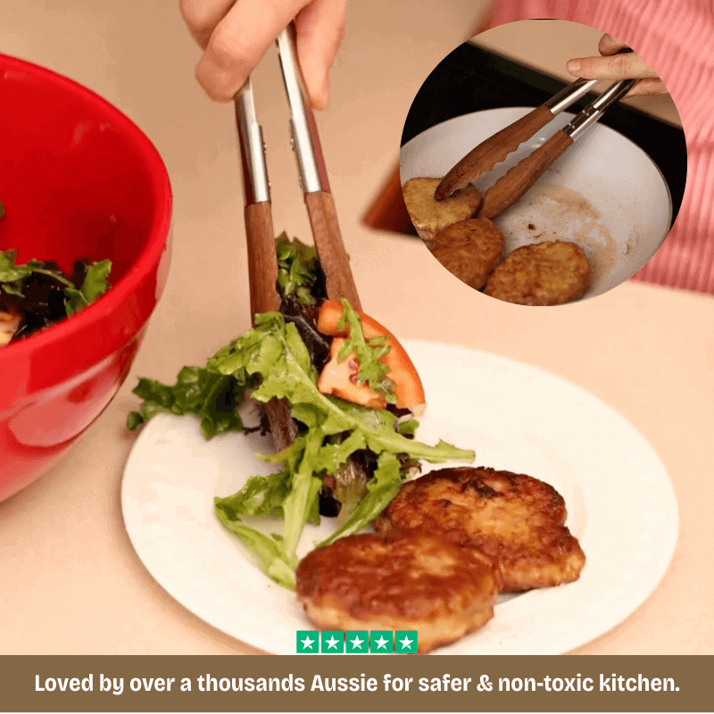 Person using tongs to serve food on a plate with a salad, with an inset showing a dirty pan.