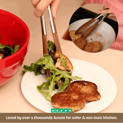 Person using tongs to serve food on a plate with a salad, with an inset showing a dirty pan.