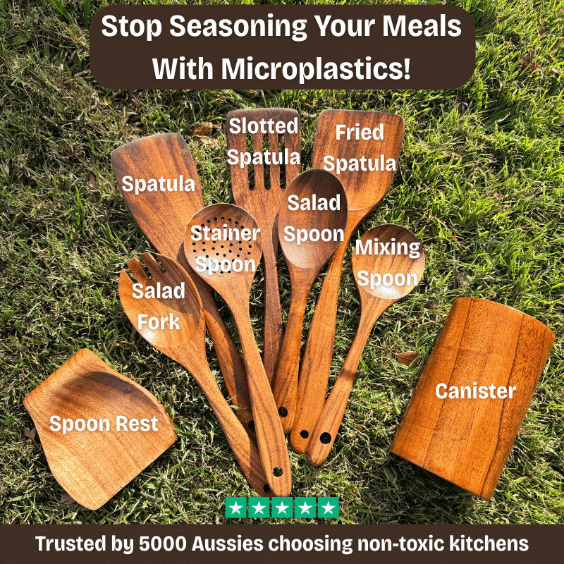 Set of 9 wooden kitchen utensils on grass with text about microplastics and non-toxic kitchens.