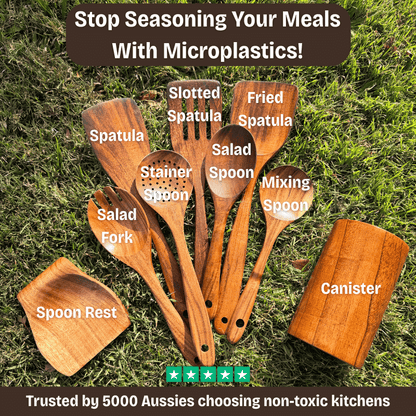 Set of 9 wooden kitchen utensils on grass with text about microplastics and non-toxic kitchens.