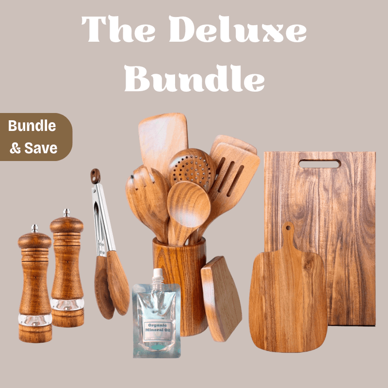 Wooden kitchen utensils and cutting boards with 'The Deluxe Bundle' text on a gray background.