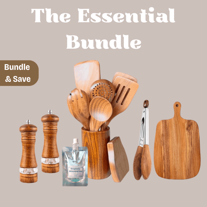 Wooden kitchen utensils and tools with a neutral background