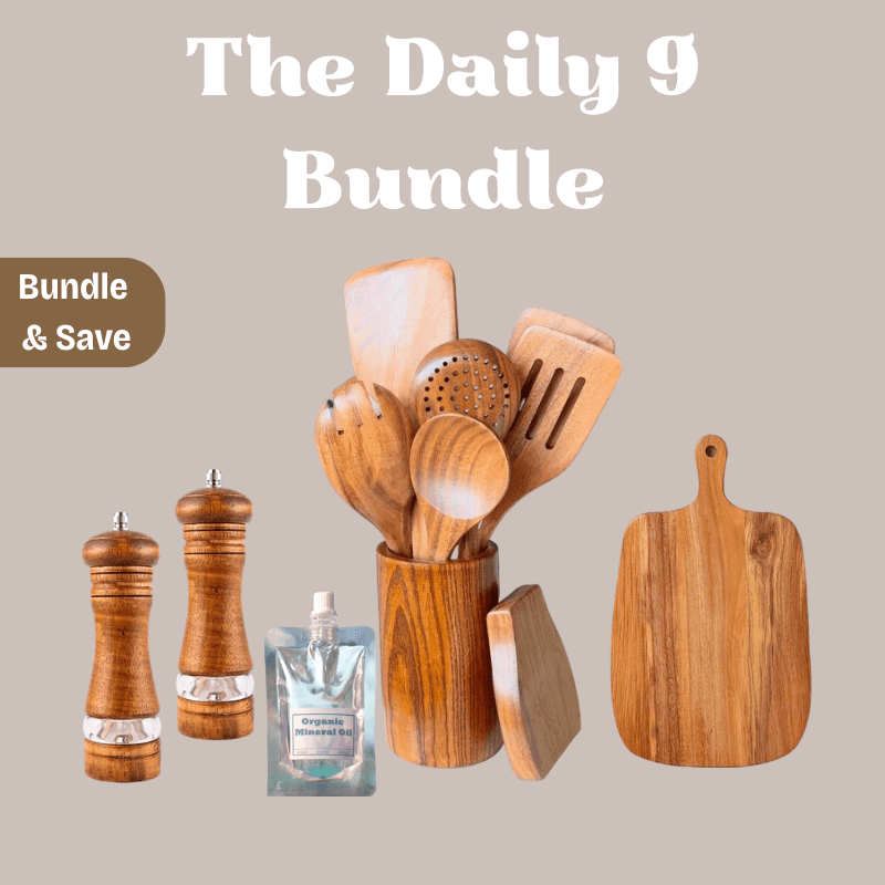 Wooden kitchen utensils and cutting board with 'The Daily 9 Bundle' text on a beige background.