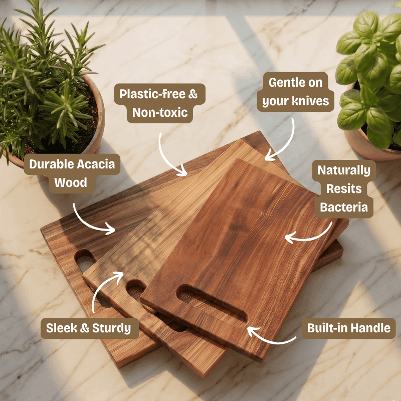 Wooden cutting boards with text highlighting features on a light background