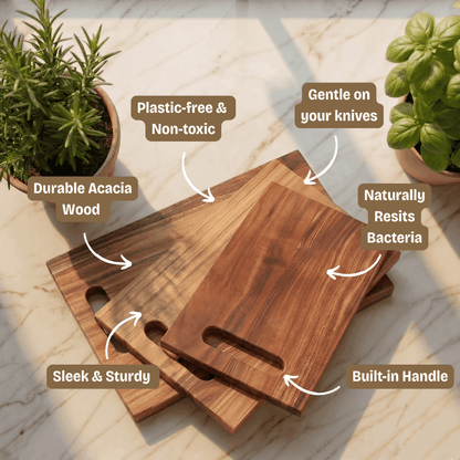 Wooden cutting boards with text highlighting features on a light background