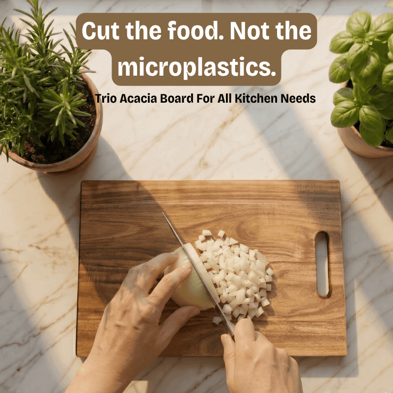 Person chopping onions on a wooden cutting board with text about microplastics.