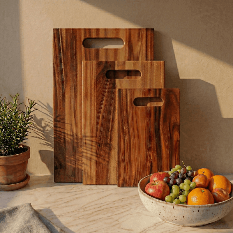 Set of wooden cutting boards with a bowl of fruit on a light surface.
