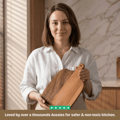 Woman holding a wooden cutting board in a kitchen setting with a five-star rating text overlay.