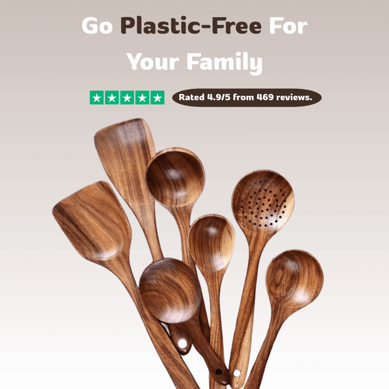 Woodastic™ 7Pcs Teak Wooden Utensil Set display 