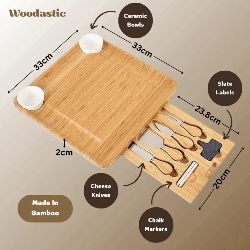 Woodastic™ Cheese Platter Set Bamboo dimensions and accessories 