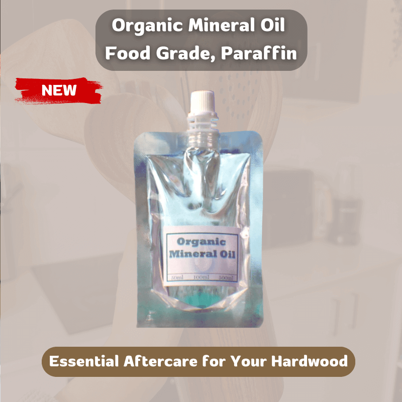 Packaging of organic mineral oil with a label on a blurred background