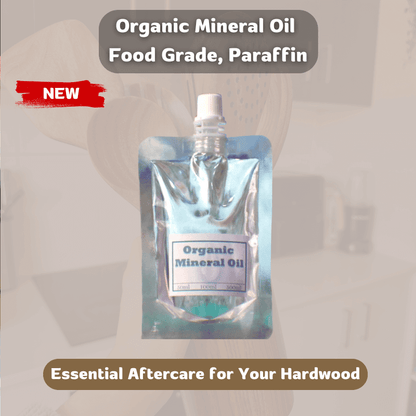 Packaging of organic mineral oil with a label on a blurred background