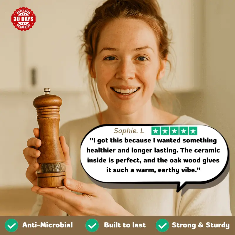 Woodastic™ Spice Grinder held by a AI women with great 5 star reviews text