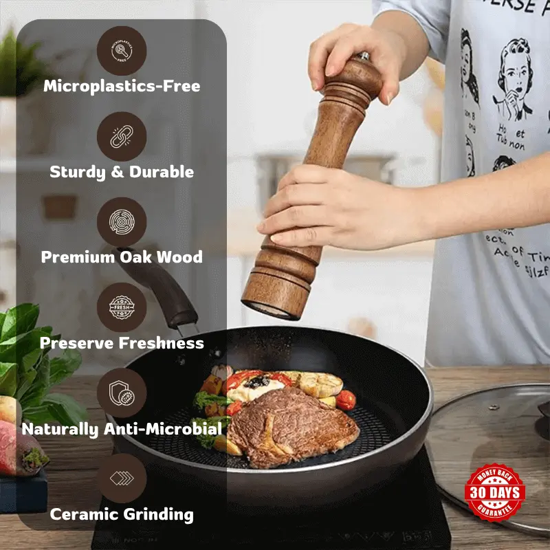 Woodastic™ Spice Grinder in use with features in icons