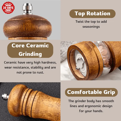 Woodastic™ Spice Grinder product features explanation + 30 day money back guarantee badge