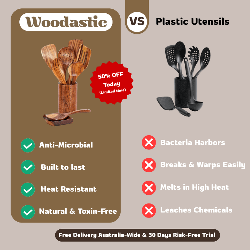 Comparison between Woodastic wooden utensils and plastic utensils with features listed.