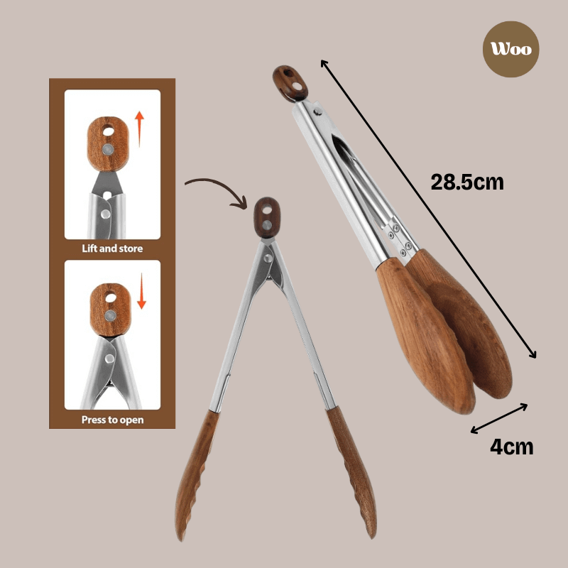 Wooden-handled tongs with measurements and usage instructions on a beige background
