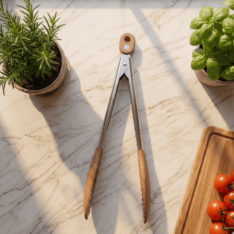 Wooden-handled tongs on a marble surface with potted herbs and tomatoes.