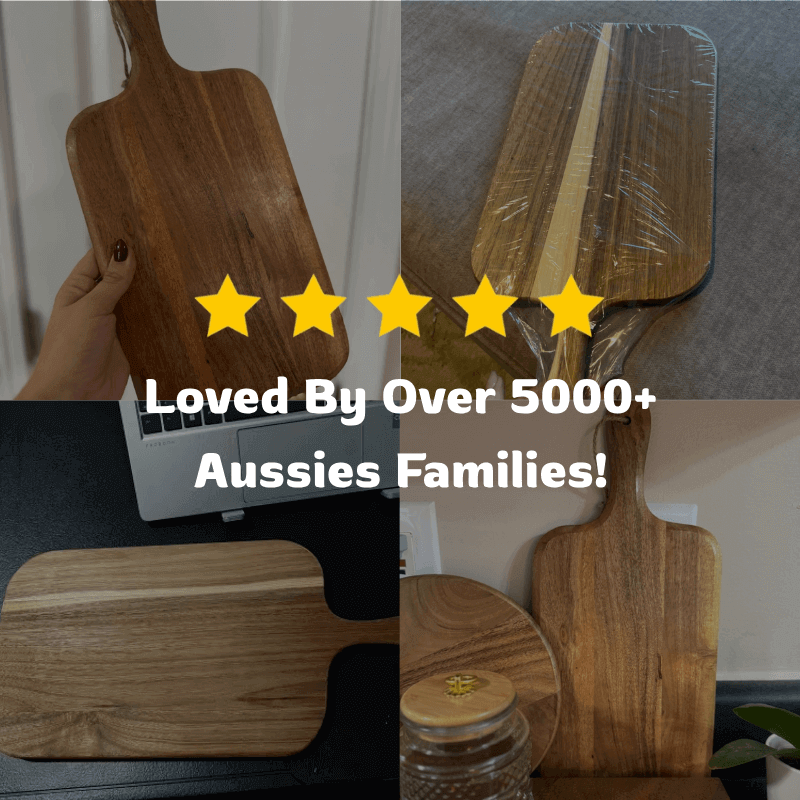 Wooden appetizer board collage with five-star rating and text 'Loved By Over 5000+ Aussies Families!'
