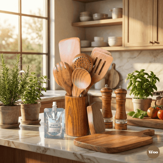Wooden kitchen utensils and cutting board on a marble countertop with plants and cabinets in the background.