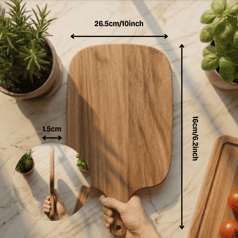 Wooden paddle with dimensions labeled on a marble surface with plants.