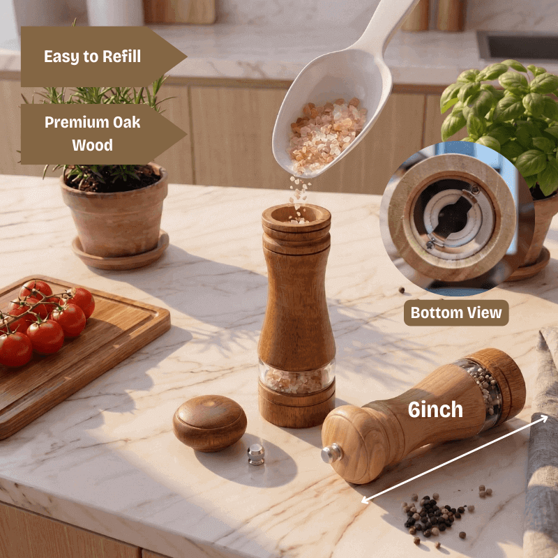 Wooden pepper grinder on a kitchen counter with ingredients and plants.