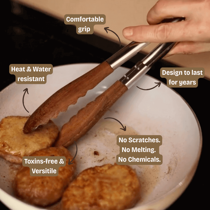 Wooden tongs being used to handle food on a plate with text highlighting features.