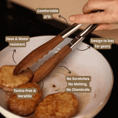 Wooden tongs being used to handle food on a plate with text highlighting features.